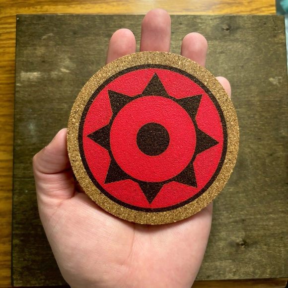 Boruto Sarada Uchiha Mangekyou Sharingan Laser Engraved Painted Cork Coaster - Picture 3 of 5